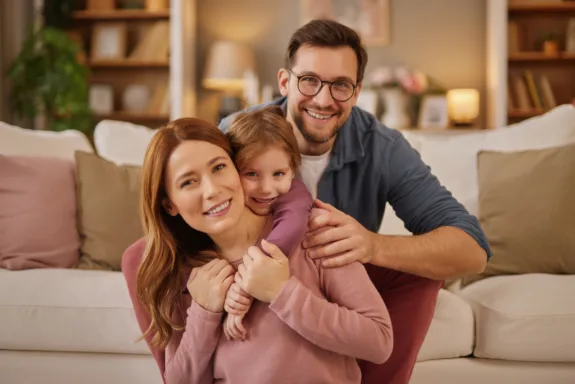 Happy family with little daughter sitting on carpet in living room