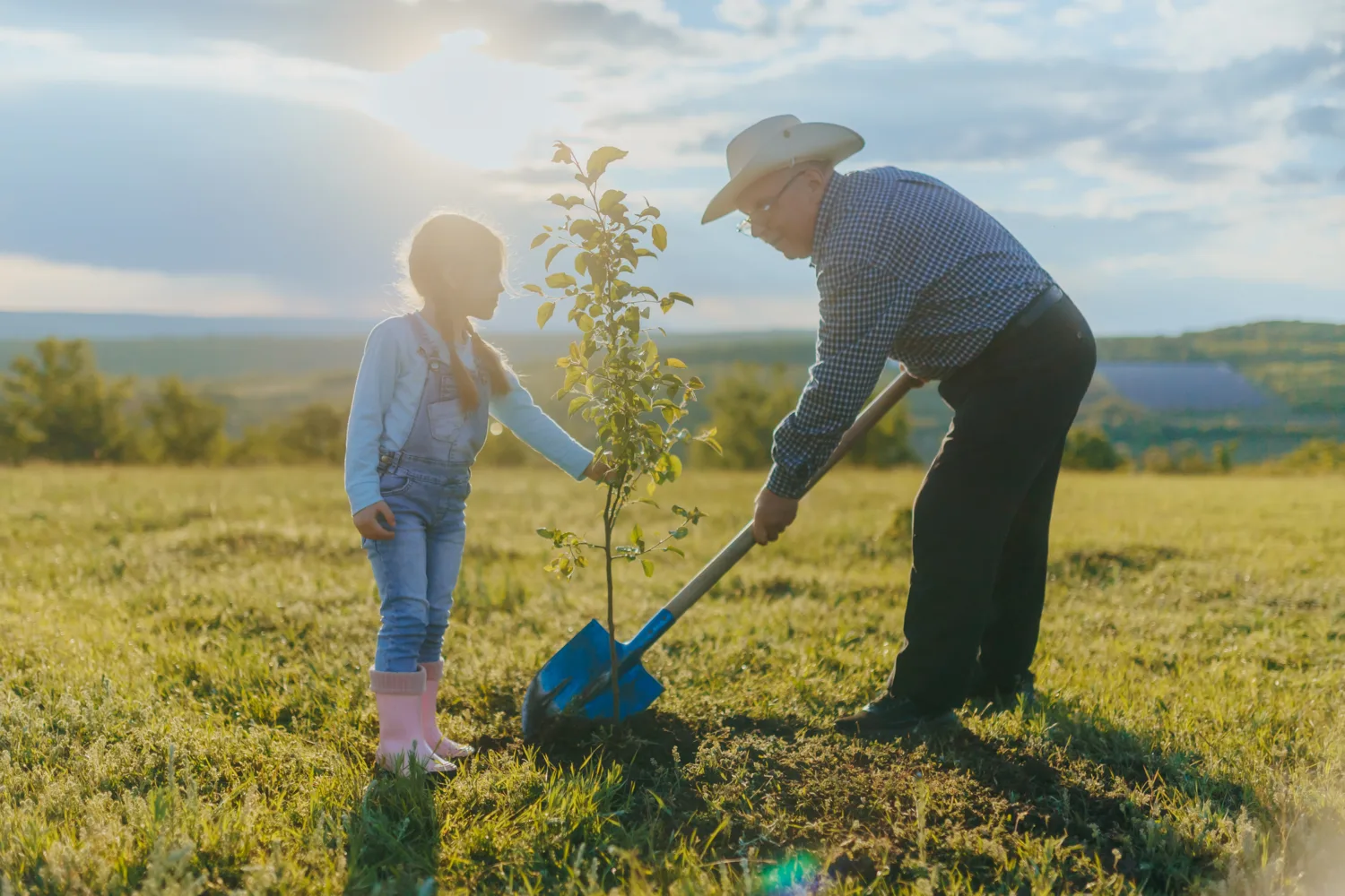 A grandfather planting a tree with his granddaughter